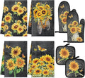 Leinuosen 8 Pcs Black Sunflower Kitchen Towels and Dishcloths Sets Pot Holders and Oven Mitts Sets Absorbent Kitchen Gloves Potholders Heat Resistant for Chef Baking Cooking