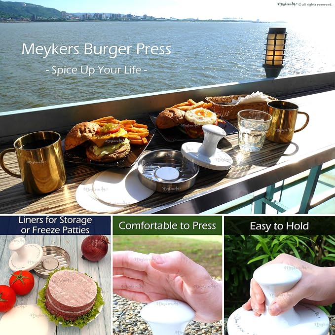 Meykers 5” Hamburger Press Patty Maker, 100 Paper, Burger Mold 4-10 oz Meat | Porcelain & 304 Stainless Steel, Dishwasher Safe, Large Burger Shaper, Puff-Up Prevention Design, for Kitchen Grill Griddle