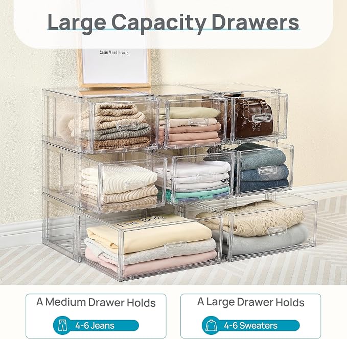 Vtopmart 2 Pack Clear Stackable Storage Drawers 15QT | Easily Assemble Closet Organizers,Plastic Storage Bins for Bathroom,Cabinet,Kitchen Pantry,Under Sink Organization(Medium)