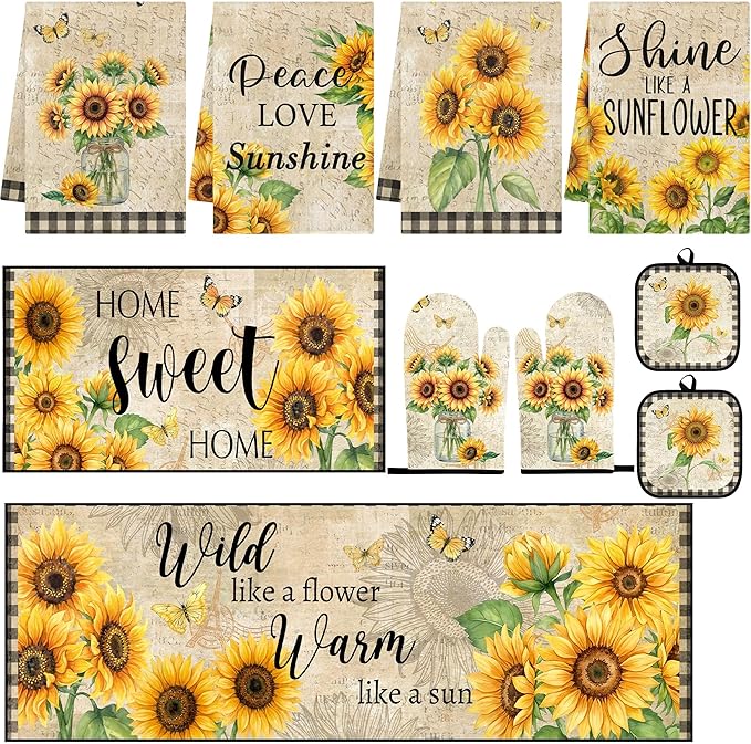 10 Pcs Kitchen Decor and Accessories Set, Sunflower Fall | Farmhouse Rustic 4 Dish Towels Kitchen Rugs 2 Oven Mitts 2 Pot Holders, Home Decor for Cooking Baking BBQ Housewarming