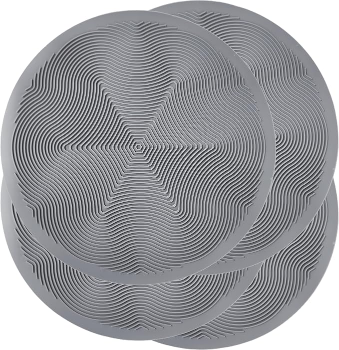 Silicone Hot Pot Holder Mats 8in (4-PCS) - Heat Resistant Countertop Protector with Non-Slip Geometric Pattern, Easy Clean Kitchen Trivet for Dining Table, Stove Top, Counter Safe Small Grey