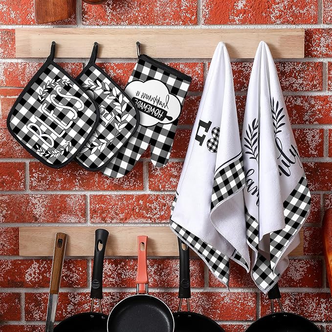 5 Pcs Buffalo Plaid Kitchen Towels Oven Mitts and Pot Holder Set,Heart | Heart Checkered Kitchen Decor, Black and White Kitchen Towels Oven Gloves, Heart Farm House Accessories Decor, High Quality