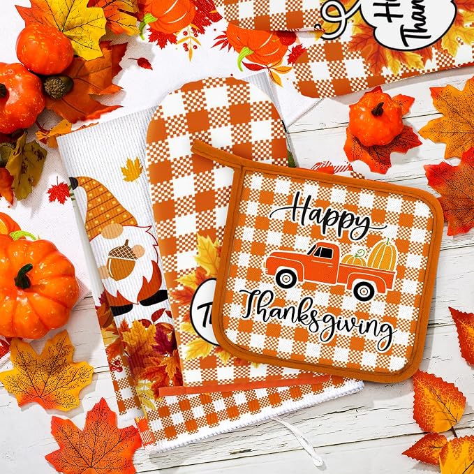 Leinuosen 6 Pack Thanksgiving Kitchen Set with 2 Gnome Dish Towels, 2 Maple Leaves Pot Holders and 2 Car Oven Mitts for Gifting, Baking, and Cooking Accessories