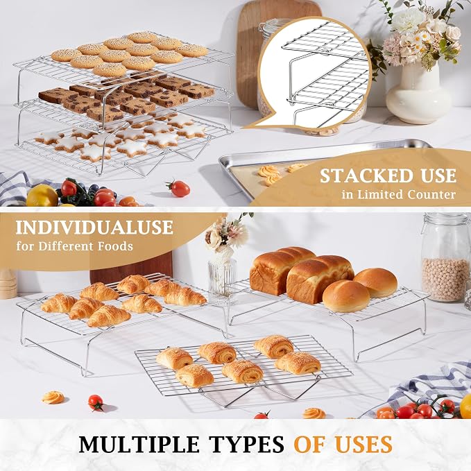 LIANYU Cooling Rack 15"x10", 3-Tier Stackable & Collapsible Cooling Racks | Stainless Steel Wire Baking Racks Fits Jelly Roll Pan, Great for Cooking, Baking, Roasting, Grilling, Oven & Dishwasher Safe