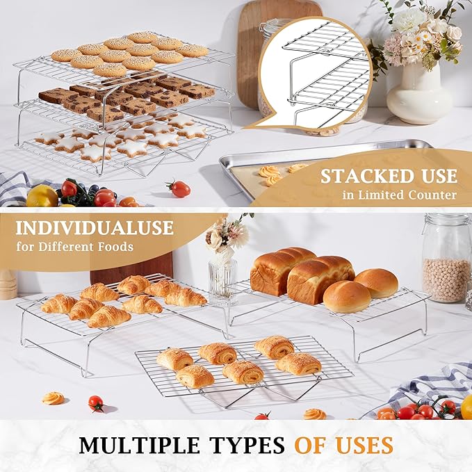 LIANYU Cooling Rack 15"x10" Set of 2, Stackable & Collapsible Cooling Racks | Stainless Steel Wire Baking Racks Fits Jelly Roll Pan, Great for Cooking, Baking, Roasting, Grilling, Oven & Dishwasher Safe