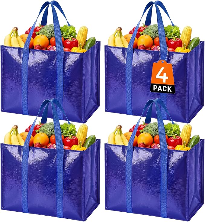 Reusable Grocery Bags, Waterproof & Foldable Shopping Bags Stand Upright | Heavy Duty Shopping Tote Bags, Waterproof & Foldable with Long Handles for Bulk Shopping, Versatile Storage 4 Pack-42L