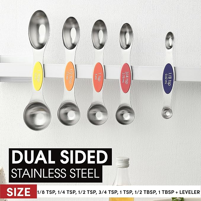 Spring Chef Stainless Steel 8 Magnetic Measuring Spoons, Mountain Sunrise | Nesting Metal Teaspoon & Tablespoon Measuring Spoons with Leveler for Dry & Liquid Ingredients, Dual Sided, Dishwasher Safe