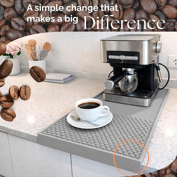 Bar & Coffee Mat For Countertop With "Edge Protection" – Espresso Tamping Mat – Bar Mats for Countertop & Silicone Heat Resistant Mat – Non-Slip & BPA-Free Food Grade – 16"(Front) x 24"(Length), Gray