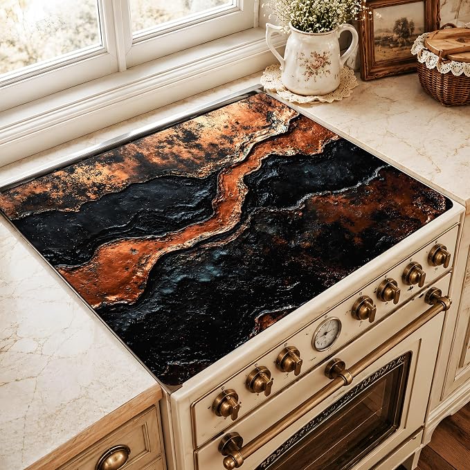Black Gold Marble Stove Cover 28.3 x 20.5 Inches, Abstract Stove Top Protector, Heat Resistant Non Slip Glass Electric Stove Cover Board, Modern Luxury Kitchen Decor Mat (Black Brown)