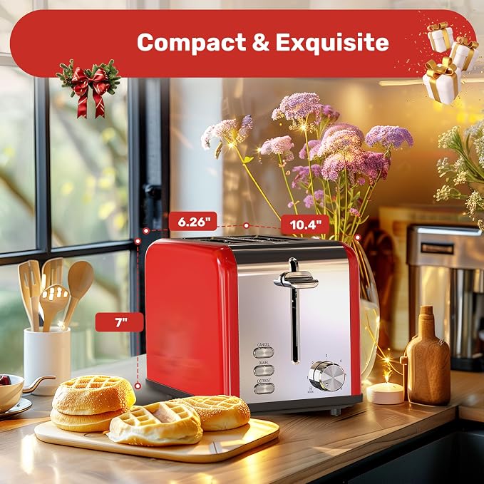 YSSOA Stainless Steel Toaster 2 Slice with Extra Wide Slot & Removable Crumb Tray, 6 Shade Settings and Bagel/Defrost/Cancel Functions, Compact Oven, for Various Bread & Waffle, Red New