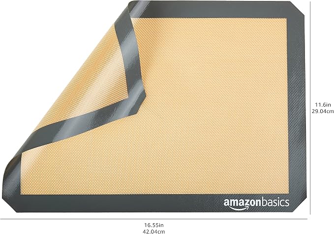 Amazon Basics Non-Stick Silicone Baking Mat, Food Safe, Dishwasher Safe, Heat Resistant, 16.5" x 11.6", Beige/Gray, Rectangular, 4-Pack