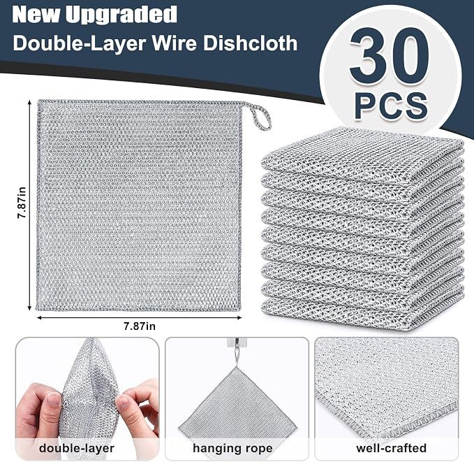30 Pcs New Upgrade Steel Wire Dishcloth,Double-Layer Steel Wire Cleaning Cloth,Powerful Cleaning Non-Scratch Wire Dishcloth Rag for Cookware, Sinks, Dishes, Stove Tops