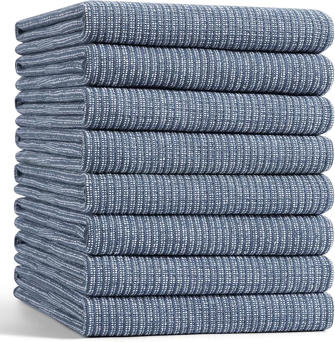 Mordimy Premium Large Cotton Kitchen Towels (18"x 28", 8 Pack), Navy Blue | 100% Ring Spun Cotton, Super Absorbent, 380 GSM, Flat & Terry, Soft, Hanging Loop Dish Towels