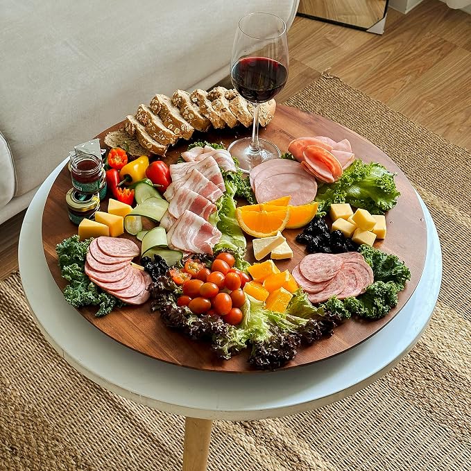 TIDITA 21" Acacia Wood Lazy Susan for Table Top, Swivel Charcuterie Board | 360° Rotation, No Rim, Solid Acacia Wood, Non-Skid Pads, Round Lazy Susans Turntable for Countertop, Extra Large