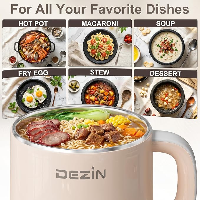 Dezin 1.6L Electric Pot with Steamer, Stainless Steel Pot with Dual Power | Keep Warm, Rapid Cooker, for Ramen, Egg, Dumpling, Soup & Oatmeal, Overheat & Boil-Dry Protection, Ideal for Dorm & Office