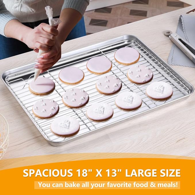 Homikit Baking Half Sheet with Wire Cooling Rack Set (2 Pans+2 Racks) | 18x13 Inch Stainless Steel Cookie Sheets & Cooling Racks, Large Metal Bacon Crisp Trays, Oven & Dishwasher Safe, Non Toxic