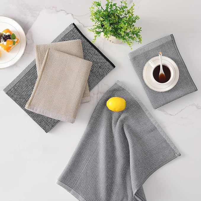 Mordimy Cotton Kitchen Towels (18"x 28", 3 Pack), Grey/Khaki/Black | 100% Ring Spun Cotton, Super Absorbent, 380 GSM, Flat & Terry, Soft, Hanging Loop Dish Towels
