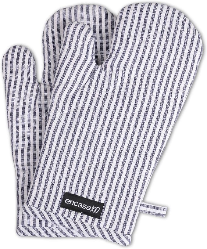 Encasa XO Oven Mitts, Heat Resistant Kitchen Gloves, Microwave | Ticking Navy Blue, 100% Cotton | Diamond Quilted Insulation | Pot Holders | Hanging Loop | Barbecue & Grill | Set of 2