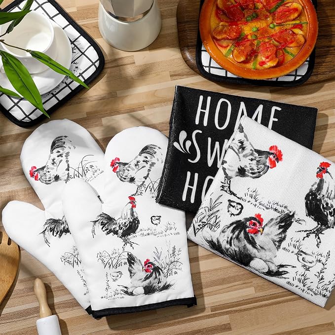 Leinuosen 6 Ink Rooster Farmhouse Kitchen Decor Dish Towels Oven Mitts and Pot Holders Sets Chicken Kitchen Towels Absorbent Decorative Accessories for Cooking Baking Grilling