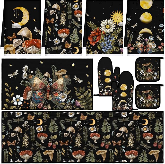 Fourluoo 10 Pcs Kitchen Dish Towels Rugs Oven Mitts and Pot Holders Set Farmhouse Kitchen Decor Set for Women Mom Daughter Gift Cooking Baking Grilling(Rustic Color,Rustic Bohemia)