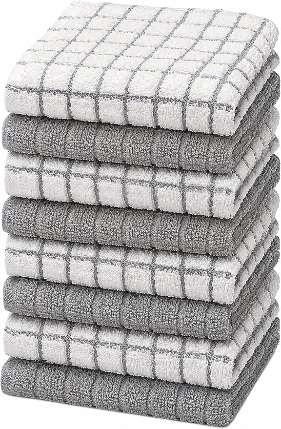 Bumble Dish Cloths (8-Pack), 100% Cotton Kitchen Towels, 12"x12" - Gray | 405 GSM | Soft, Highly Absorbent & Durable Dish Towels for Kitchen