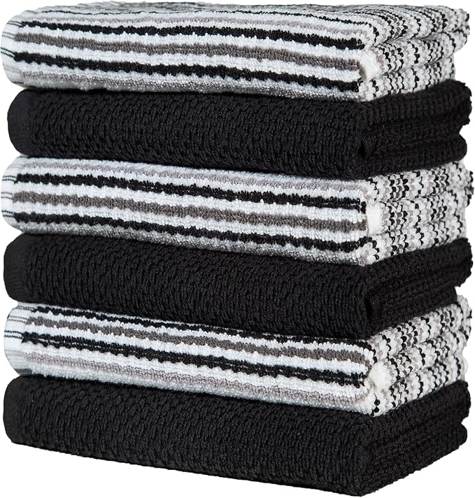 Bumble Kitchen Towels 6 Pack 100% Cotton 16"x26" - Black | 430 GSM Soft Kitchen Hand Towels with Hanging Loop, Highly Absorbent & Durable for Washing and Drying Dishes
