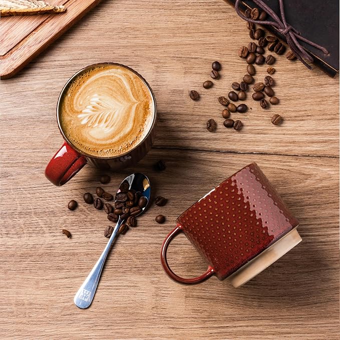 GBhome 8 OZ Stackable Coffee Mugs Set of 4, Ceramic Coffee Cups Set | 4 Assorted Designs, Embossed Mugs with Texture Patterns for Espresso/Tea, Dishwasher&Microwave Safe,