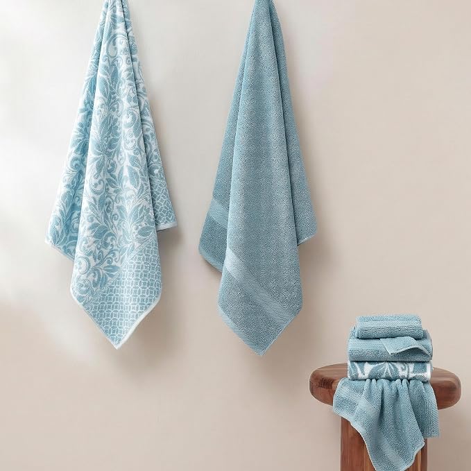 Modern Threads 6 Piece Bath Towel Set – Bathroom Set with 2 Bath Towels, 2 Hand Towels, and 2 Wash Cloths – 100% Cotton, Super Absorbent & Extra Soft – Reversible Botanical Vine (Blue)
