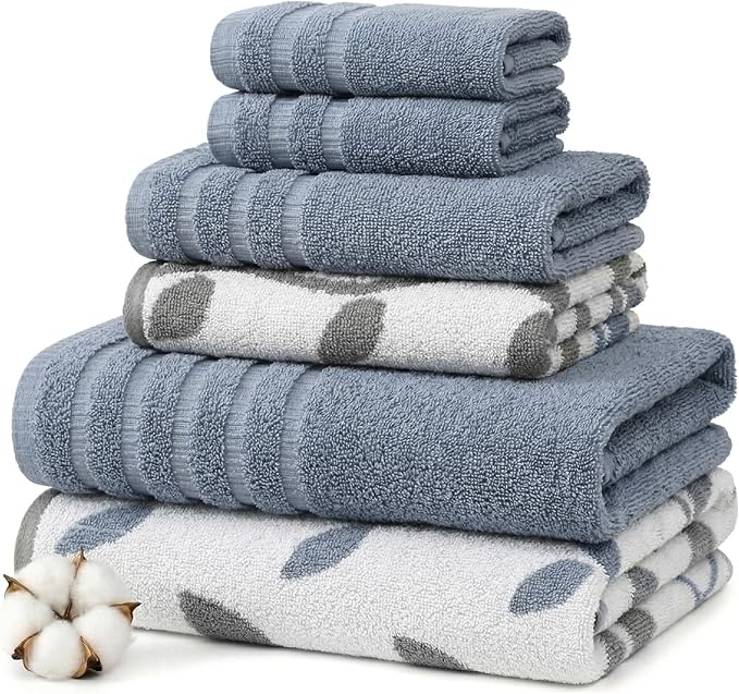 Modern Threads 6 Piece Bath Towel Set – Bathroom Set with 2 Bath Towels, 2 Hand Towels, and 2 Wash Cloths – 100% Cotton, Super Absorbent & Extra Soft – Reversible Natural Vine (Blue)