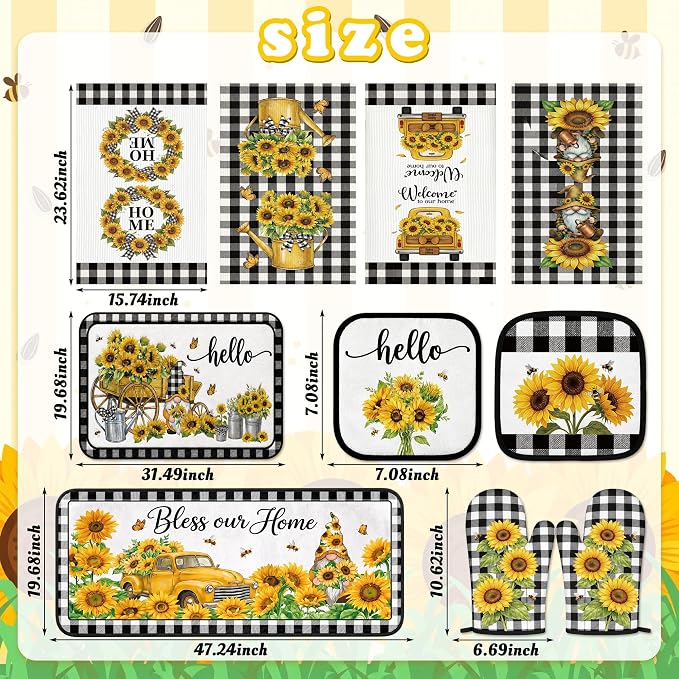 Tieshankao 10Pcs Sunflower Kitchen Decor Accessories Set | Black Checkered Sunflower Theme, Kitchen Towels, Oven Mitts, Pot Holders, Rugs and Mats, Baking Supplies, Housewarming Gifts