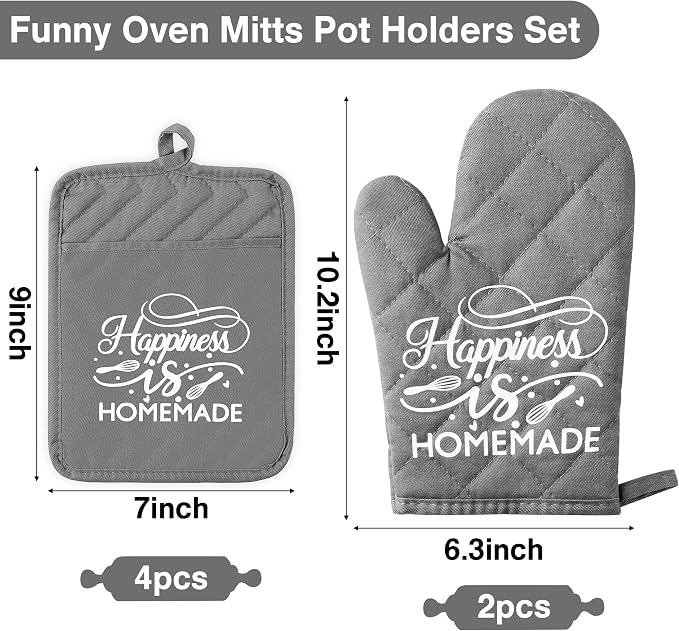 6Pcs Cotton Oven Mitts and Pot Holders Set Happiness is Homemade Heat Resistant Hot Pad Machine Washable Microwave Gloves with Hanging Loop Pocket Potholder for Kitchen Baking Cooking Grilling