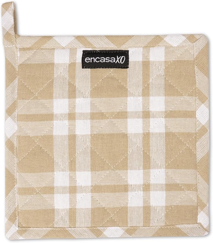 Encasa XO Pot Holders, Quilted Kitchen Hot Pads 8"x8" Franca Beige Checks | 100% Eco-Friendly Cotton | Thick Cotton Padding Insulation | Convenient Hanging Loop | Set of 2