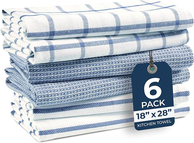 LANE LINEN Cotton Kitchen Towels Set, 6-Pack – Absorbent, Quick-Drying Dish Towels, 18" x 28", Soft, Premium Hand and Tea Towels - Indigo