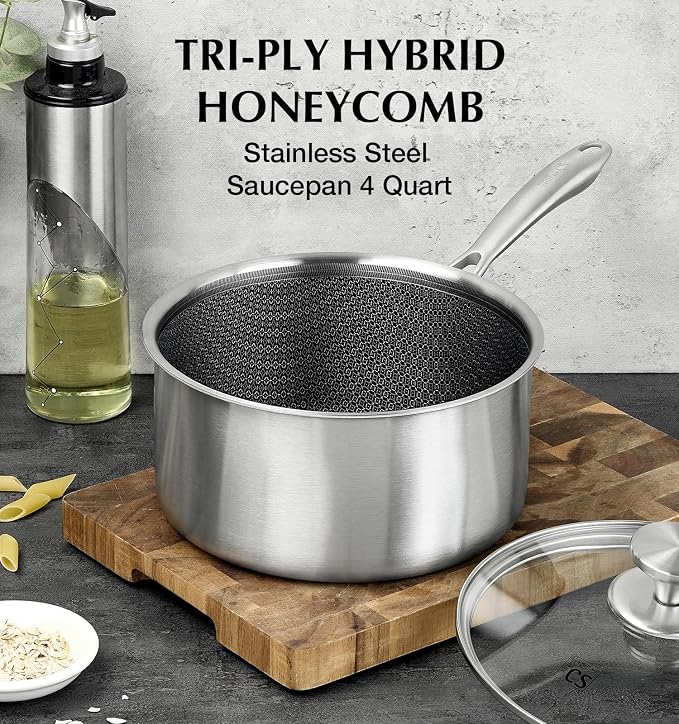 KOCH SYSTEME CS 4 Quart Saucepan With Lid, Hybrid Nonstick Stainless Steel Saucepan, Tri-Ply Stainless Steel Pot 4QT, Stainless Steel Sauce Pan with Honeycomb Interior, Large Saucepan Induction Ready