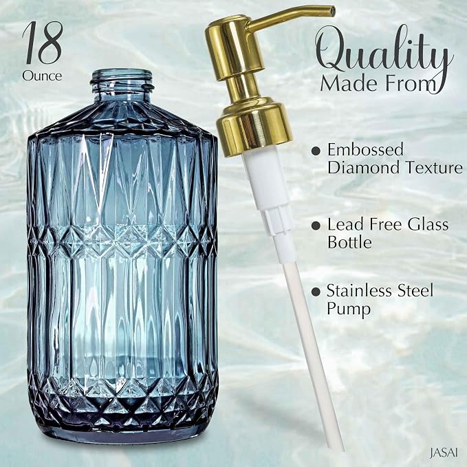 JASAI 18Oz Blue Glass Soap Dispenser with Golden Pump for Dish Soap | Refillable Kitchen Soap Dispenser with Thick Glass & Rust Proof Pump, Bathroom Soap Dispenser for Hand Soap, Liquid Soap.