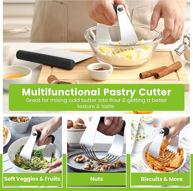Spring Chef Stainless Steel Dough Blender & Bench Scraper Set, Black | Sturdy Pastry Cutter & Blender for Baking with Non Slip Handle, Dough Cutter & Scraper Tool for Pie, Pizza, Sourdough, Bread
