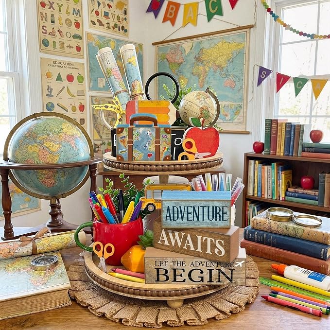 Lineshading Pcs Travel Party Decoration Vintage Adventure Await Table Decor | Stackable Rustic Decor, Bon Voyage Party Centerpiece, Luggage Design, Tiered Tray Decorations, Travel Retirement Gift