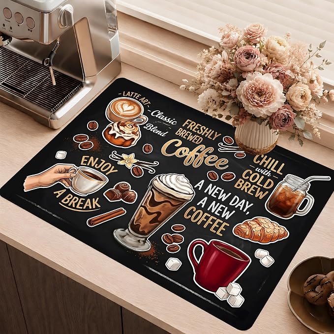 Coffee Stove Top Cover 28.3 x 20.5 Inch, Vintage Coffee Cup Glass Cooktop Protector Mat, Latte and Cold Brew Electric Range Cover for Kitchen Counter Coffee Bar Decor(Classic snacks)