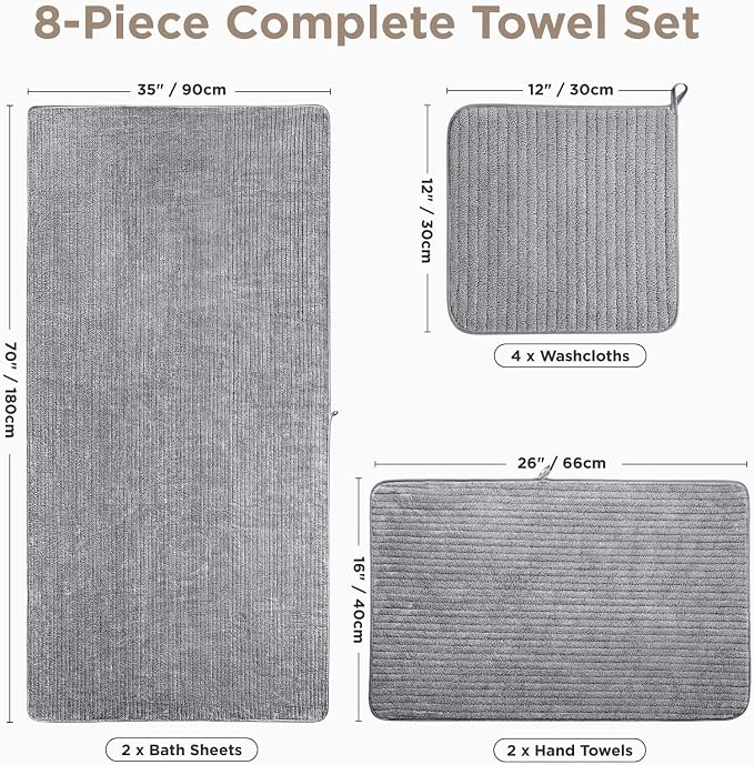 8 Piece Bath Towels Set, 2 Oversized 35 * 70 in Bath, 2 Hand, 4 Wash | Luxury Soft Microfiber, Super Absorbent Thick, Quick Dry, Shower Towels for Bathroom, Spa & Hotel, Grey