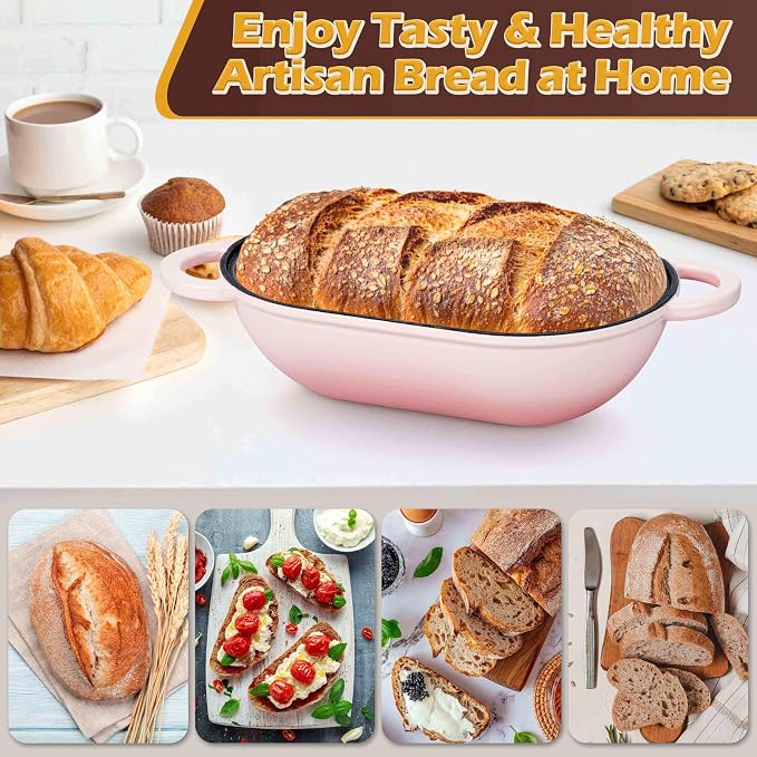 Homikit Enameled Cast Iron Dutch Oven for Bread Baking, 2.8 QT Oval Bread Oven Pot with Lid, 9.5 x 5.7 Inch Sourdough Loaf Baking Pan for Homemade Bread, Heavy Duty & Oven Safe, Pink