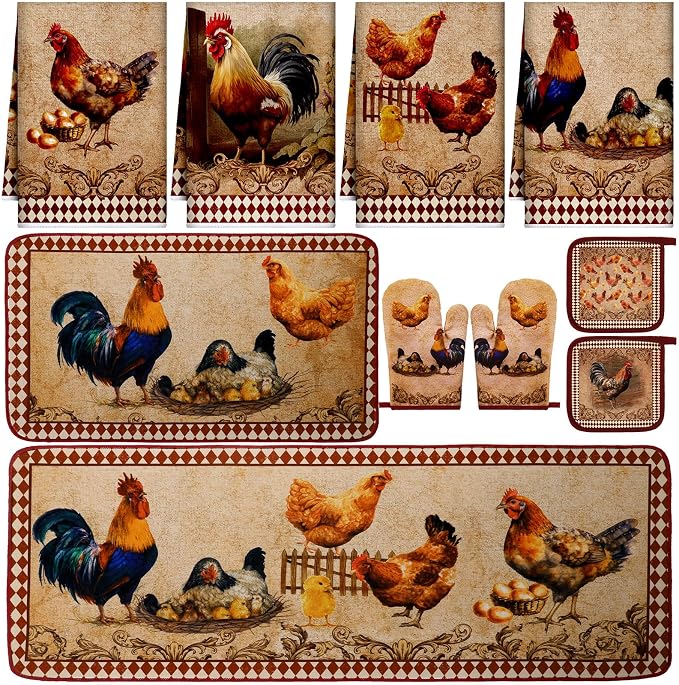 Fourluoo 10 Pcs Rooster Chicken Kitchen Dish Towels Rugs Oven Mitts and Pot Holders Sets Farmhouse Rustic Rooster Kitchen Decor Set for Cooking Baking Grilling Women Mom Gift(Brown)