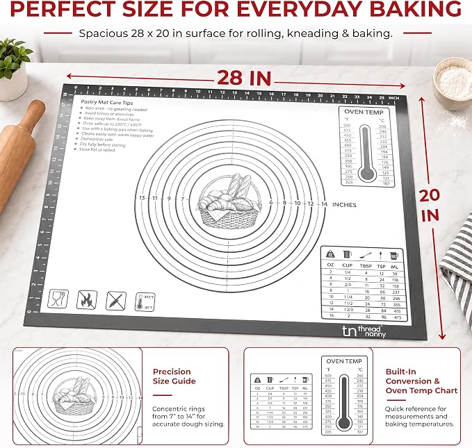 XL Silicone Pastry Mat for Baking Dough Mat, Extra Large 28x20 inches Grey | Non-Stick & Non-Slip Dough Mat for Rolling Out with Measurements, Bread, Pizza, Pie Crust, Cookies, Fondant Oven Safe
