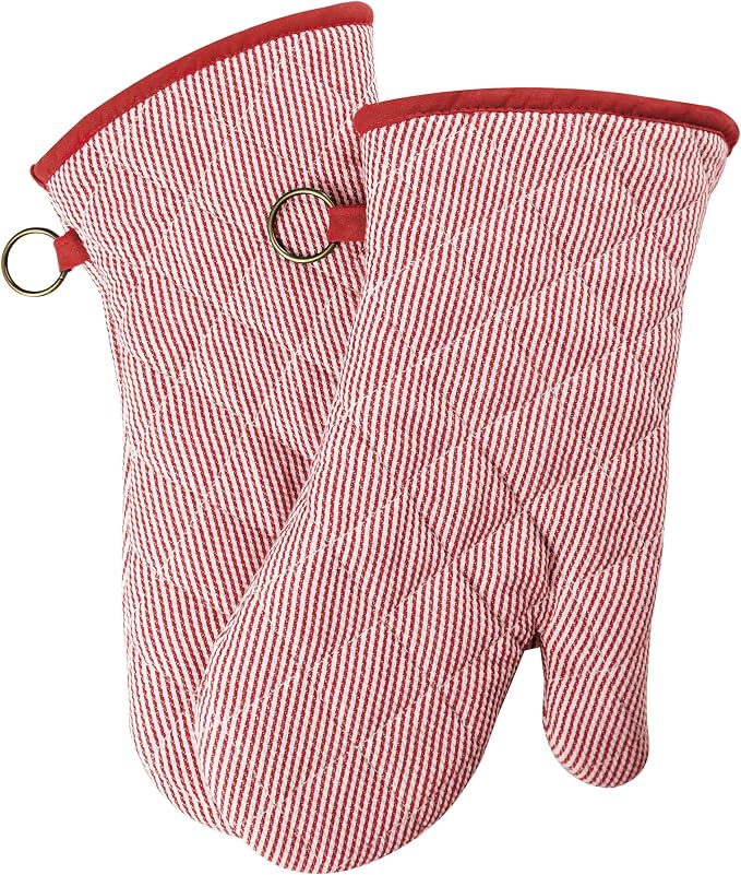 Yarn Dyed Oven Mitts 1 Pair， 100% Cotton Heat Resistant 470 Degree | Oven Gloves for Men Women Cooking Baking Barbecue BBQ Microwave Crafting Machine Washable Pot Holders Mittens (Red 2)