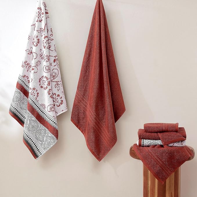 Modern Threads 6 Piece Bath Towel Set – Bathroom Set with 2 Bath Towels, 2 Hand Towels, and 2 Wash Cloths – 100% Cotton, Super Absorbent & Extra Soft – Reversible Floral Trail (Rust Orange)