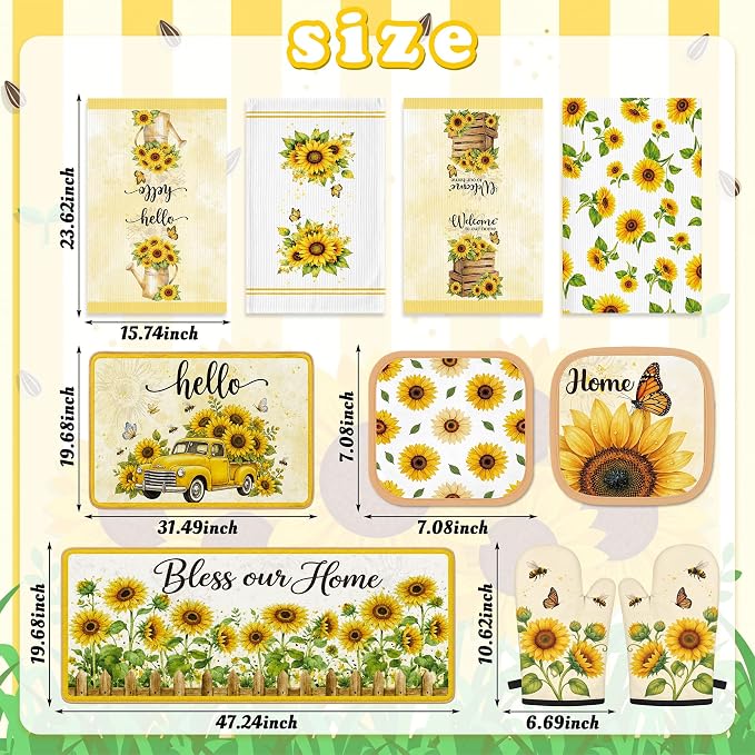 Tieshankao 10Pcs Sunflower Kitchen Decor Accessories Set | Yellow Sunflower Floral Theme, Kitchen Towels, Oven Mitts, Pot Holders, Rugs and Mats, Baking Supplies, Housewarming Gifts