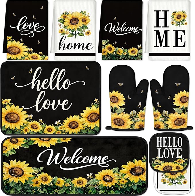 Tieshankao 10Pcs Sunflower Kitchen Decor Kitchen Accessories Set | Summer Yellow Towels Oven Mitts Pot Holders Rugs and Mats for Baking Housewarming Cooking Gifts
