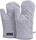 Encasa XO Oven Mitts, Heat Resistant Kitchen Gloves, Microwave | Ticking Navy Blue, 100% Cotton | Diamond Quilted Insulation | Pot Holders | Hanging Loop | Barbecue & Grill | Set of 2