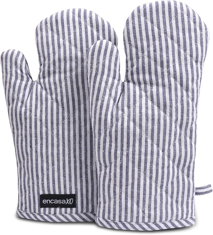 Encasa XO Oven Mitts, Heat Resistant Kitchen Gloves, Microwave | Ticking Navy Blue, 100% Cotton | Diamond Quilted Insulation | Pot Holders | Hanging Loop | Barbecue & Grill | Set of 2