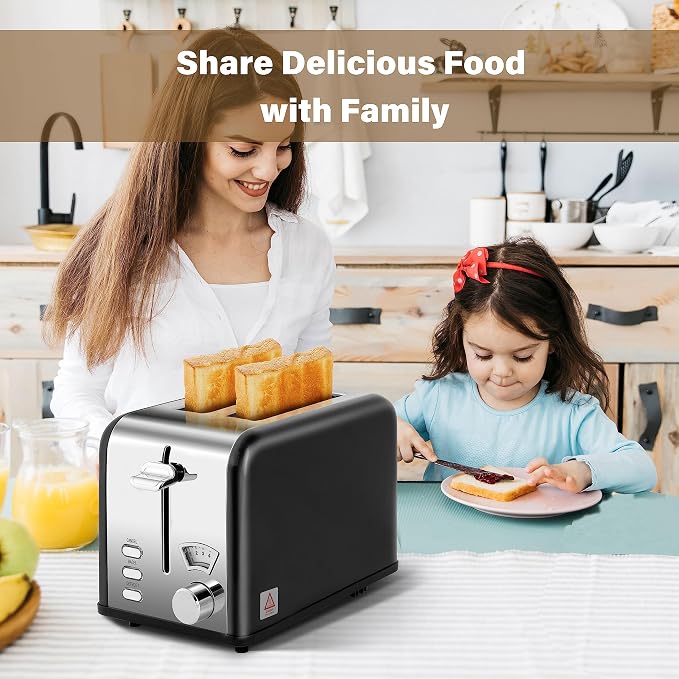 YSSOA 2-Slice Toaster with Extra Wide Slot & Removable Crumb Tray, 5 Browning Setting and 3 Function: Bagel/Defrost/Cancel, Retro Stainless-Steel Style, for Bread & Waffle, Black