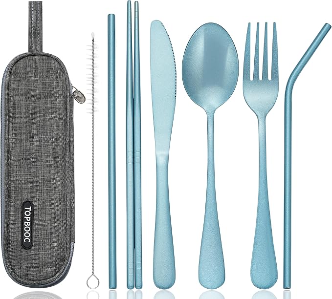 Portable Stainless Steel Flatware Set, Travel Camping Cutlery Set, Portable Utensil Travel Silverware Dinnerware Set with a Waterproof Case (Light Blue)